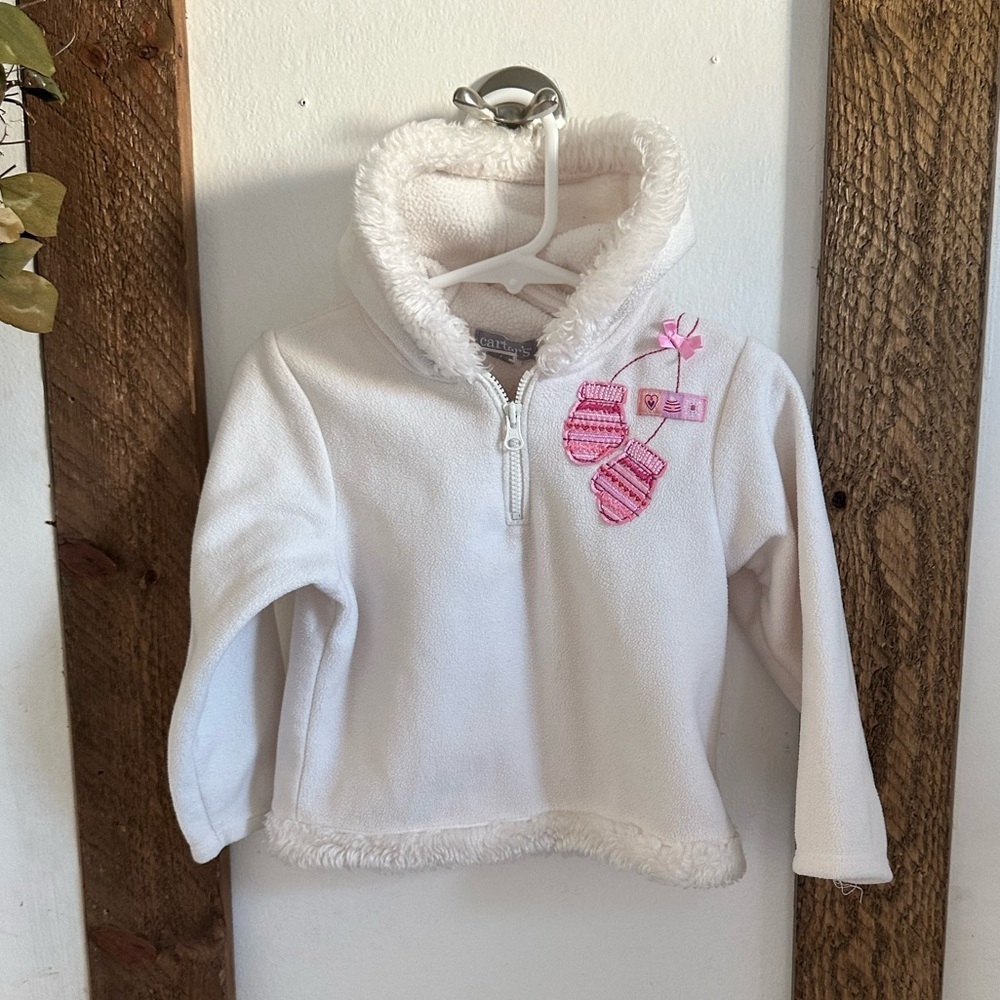Y2K Carter’s 24m Girl Fleece 1/4 Zip Winter Hoodie Faux Fur, Mitten Embroidery